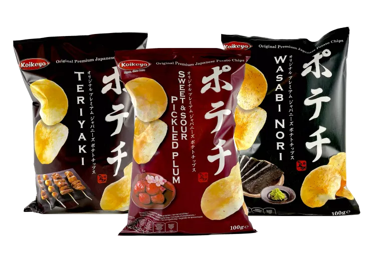 Japanske chips smage: Teriyaki, Sweet & sour pickled plum og Wasabi Nori