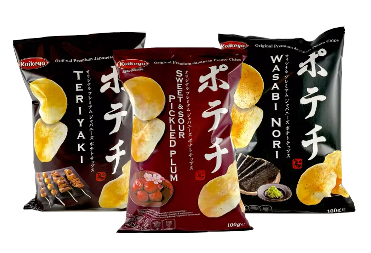 Japanske chips smage: Teriyaki, Sweet & sour pickled plum og Wasabi Nori