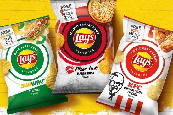 De 3 nye Lays varianter.Iconic restarurants serien: Subway teriyaki, Pizza Hut Margherita og KFC Original kyllingekrydder
