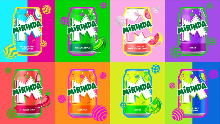 En håndfuld af de mange forskellige Mirinda varianter